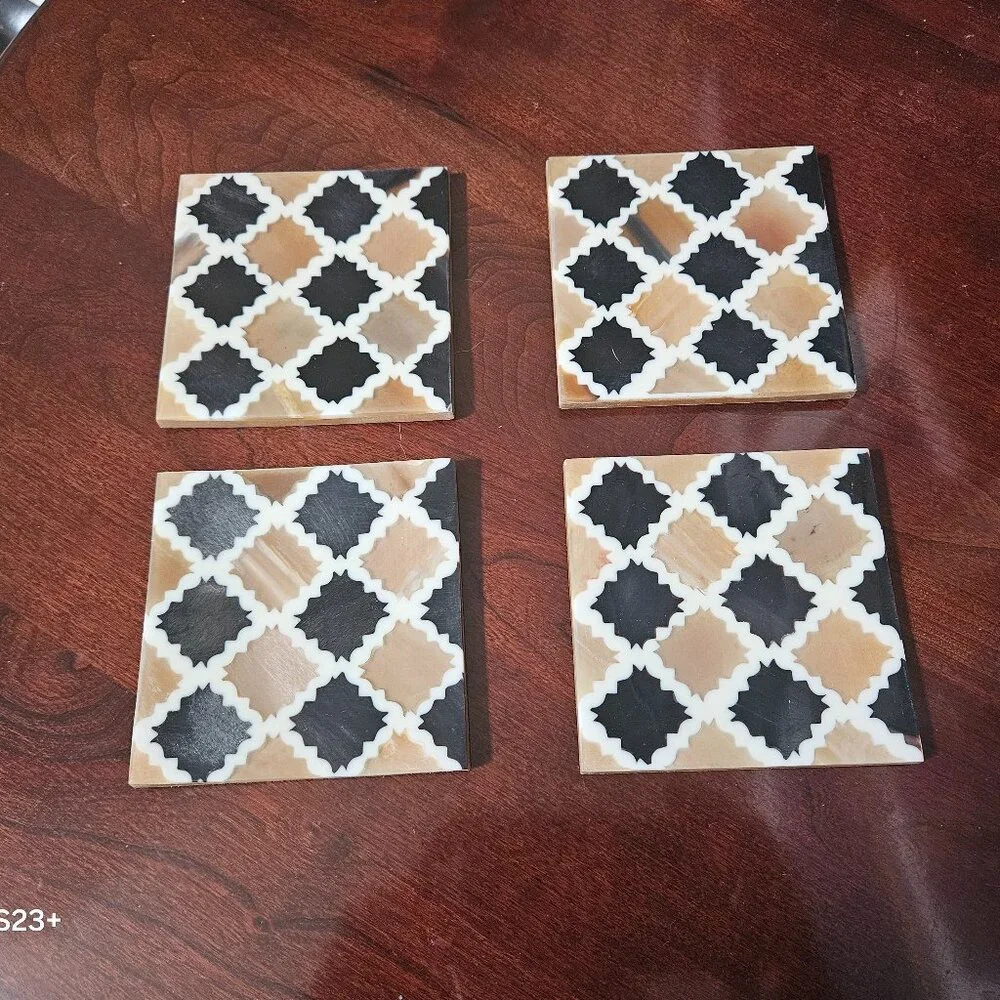 4 MODERN MY MELA BONE INLAID BLACK BEIGE BAR DRINK WOOD COASTERS MADE IN INDIA